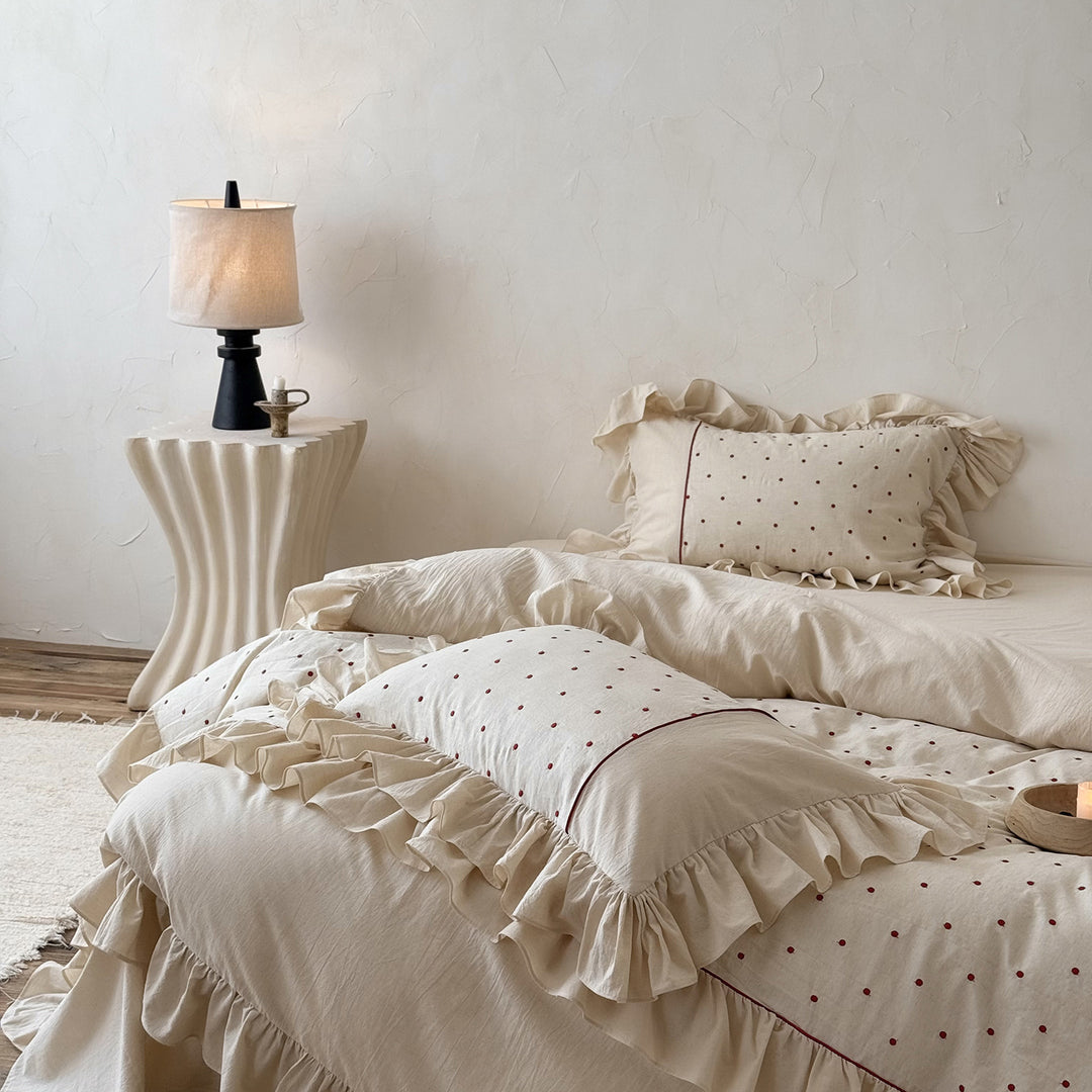 Frilled Organic-Linen Blend Duvet Cover & Sham Set with Hand-Embroidered Red Dot Motif