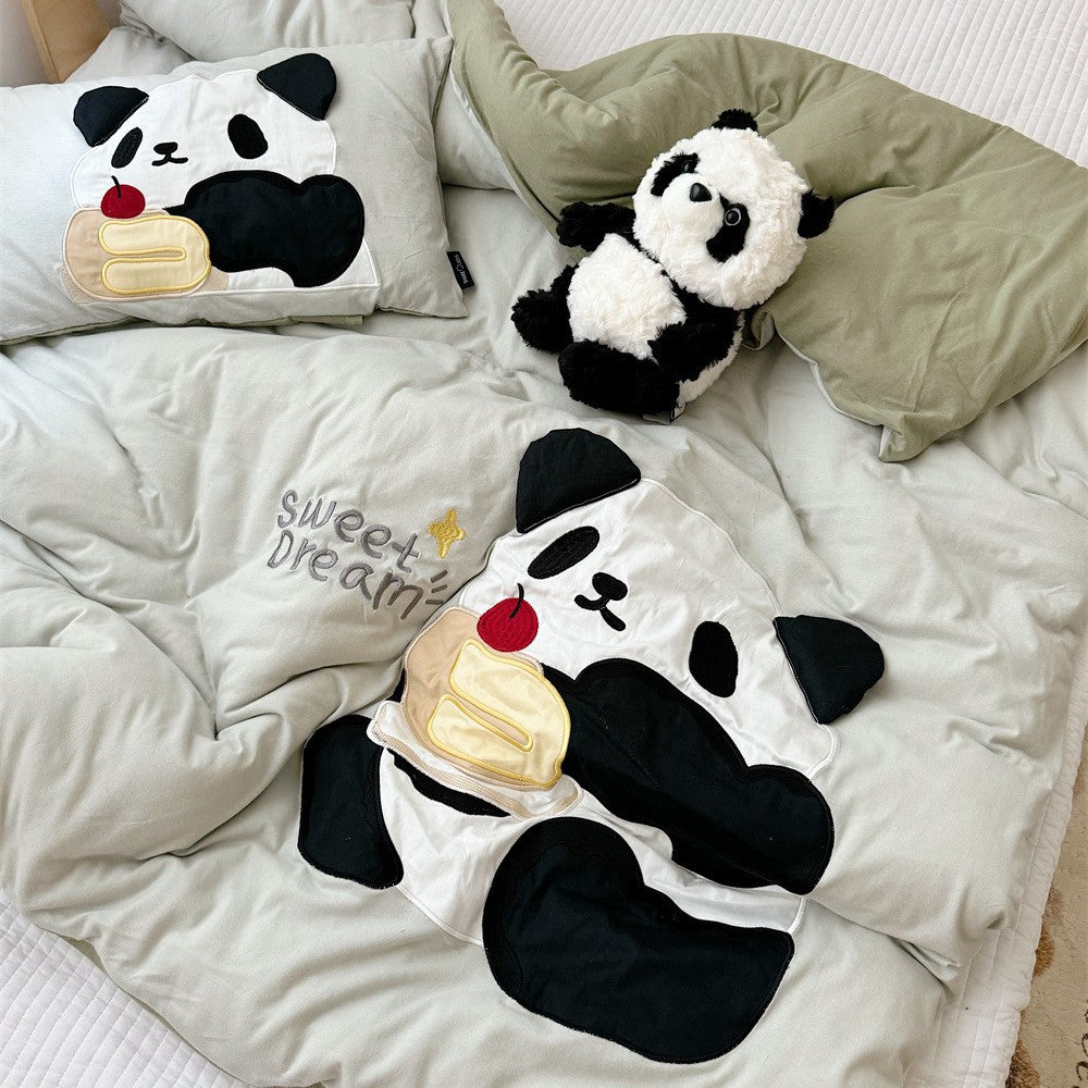 Kids Appliqué Puppy Cotton Sateen Duvet Cover with Quilted Puppy Face Pillow Shams