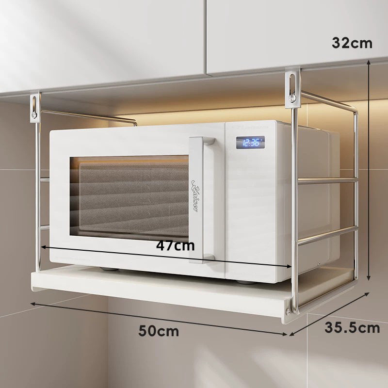 Under-Cabinet Stainless Steel Microwave Shelf with Sliding Tray and Adjustable Hooks