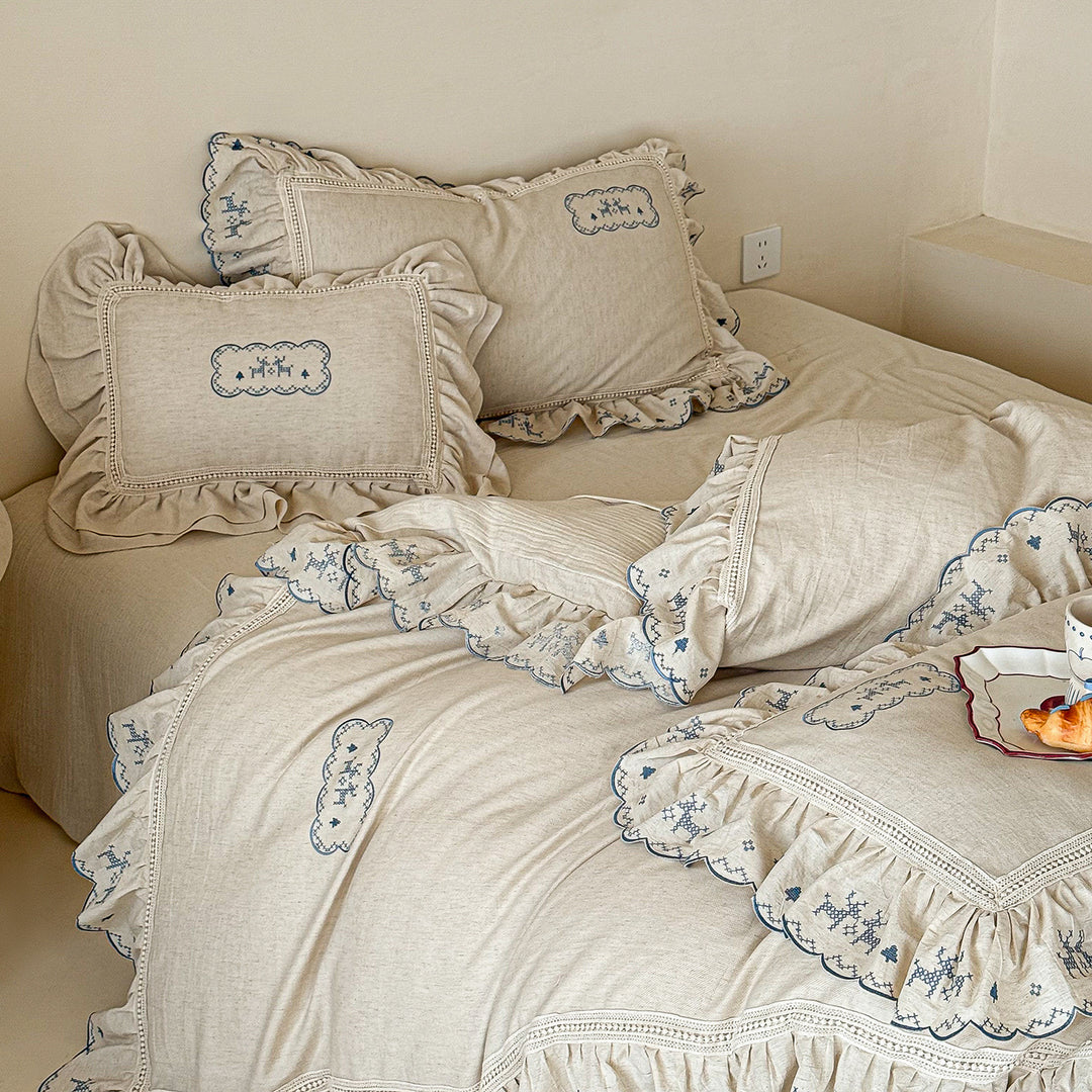 Vintage-Inspired Hand-Embroidered Scalloped Linen Duvet Cover Set with Crocheted Trim and Ruffled Pillow Shams