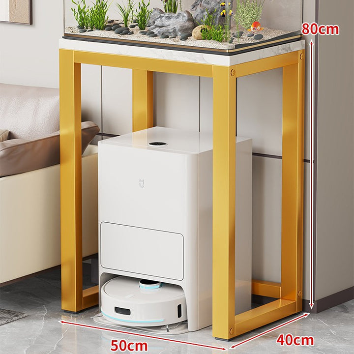 Gold Metal Aquarium Console Table with Faux Marble Top and Robot Vacuum Storage