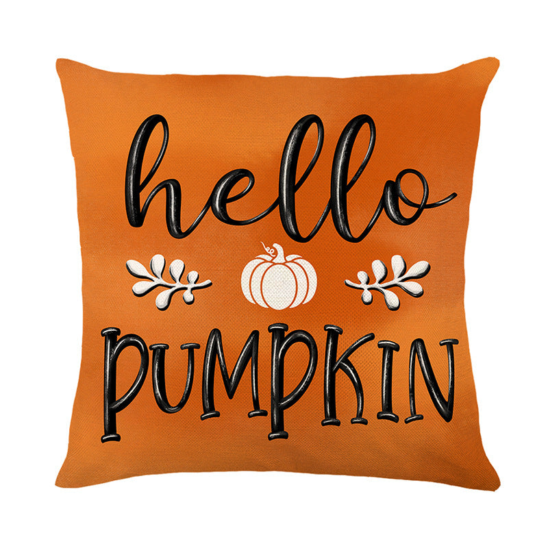 Decorative Cotton-Linen Fall Hello Pumpkin Square Throw Pillow Cover with Hidden Zipper