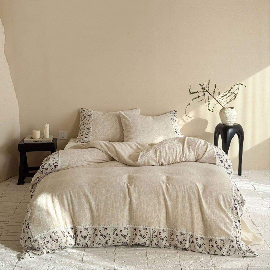 Floral-Trim Cotton Sateen Duvet Cover Set with Lace Edge