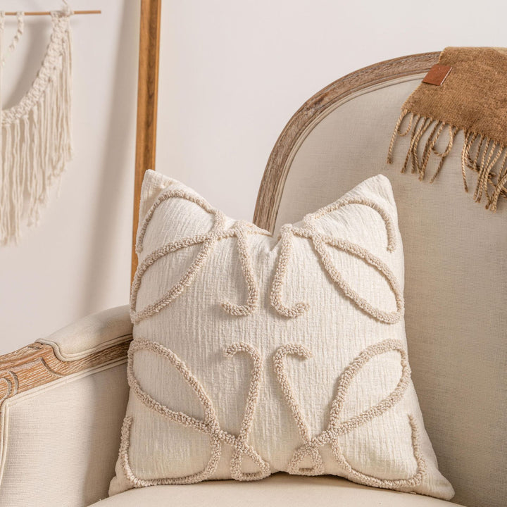 Bohemian Loop-Tufted Lumbar Pillow Cover with Curved Appliqué Texture