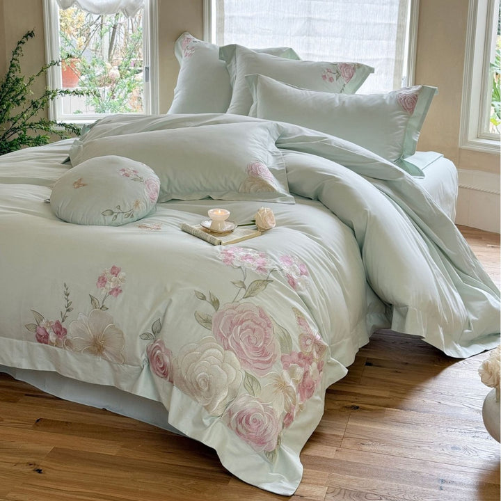 Embroidered Floral Cotton Sateen Duvet Cover Bedding Set with Decorative Shams & Round Throw Pillow