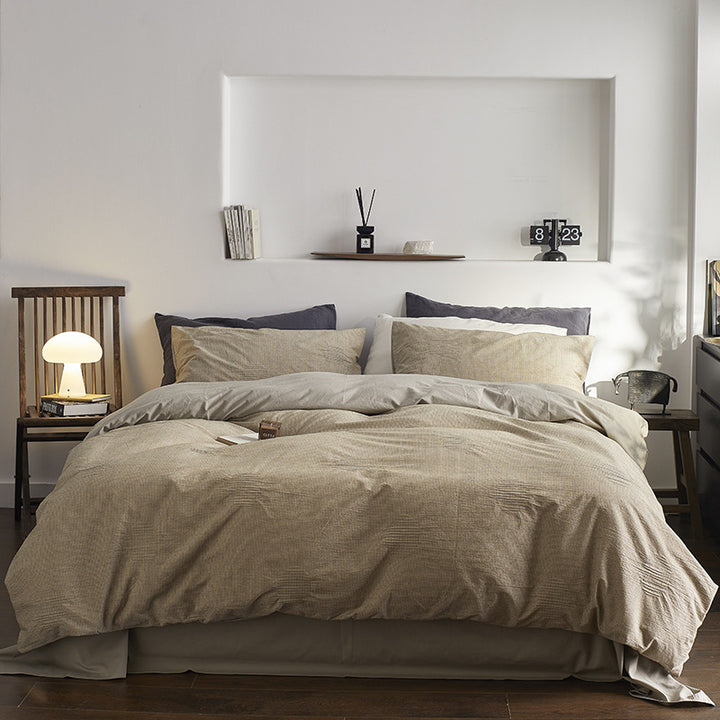 Quilted Cotton-Linen Striped Duvet Cover Set with Reversible Sateen Backing