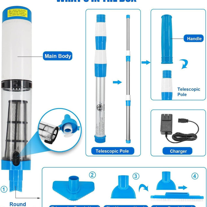 Rechargeable handheld pool vacuum kit with interchangeable brush heads and telescopic pole Stornfield