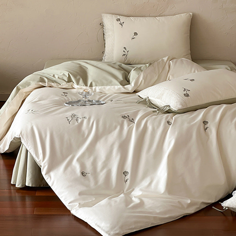 Embroidered Cotton Sateen Duvet Cover and Pillowcase Set with Lace Trim