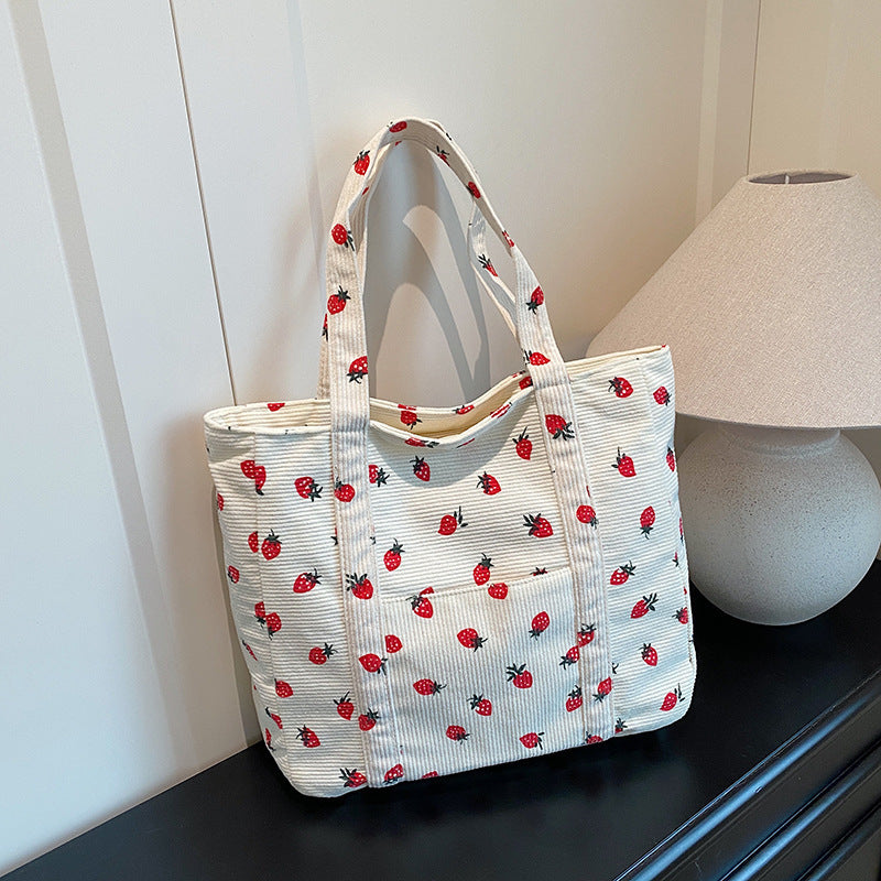 Playful Strawberry Print Corduroy Tote Bag Stornfield