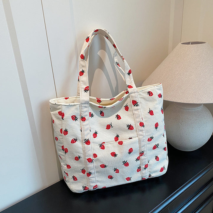 Playful Strawberry Print Corduroy Tote Bag Stornfield