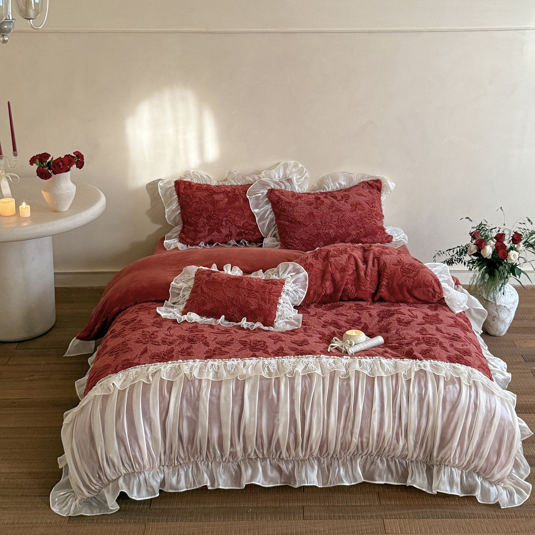 Ruffled satin bedding set with quilted floral relief