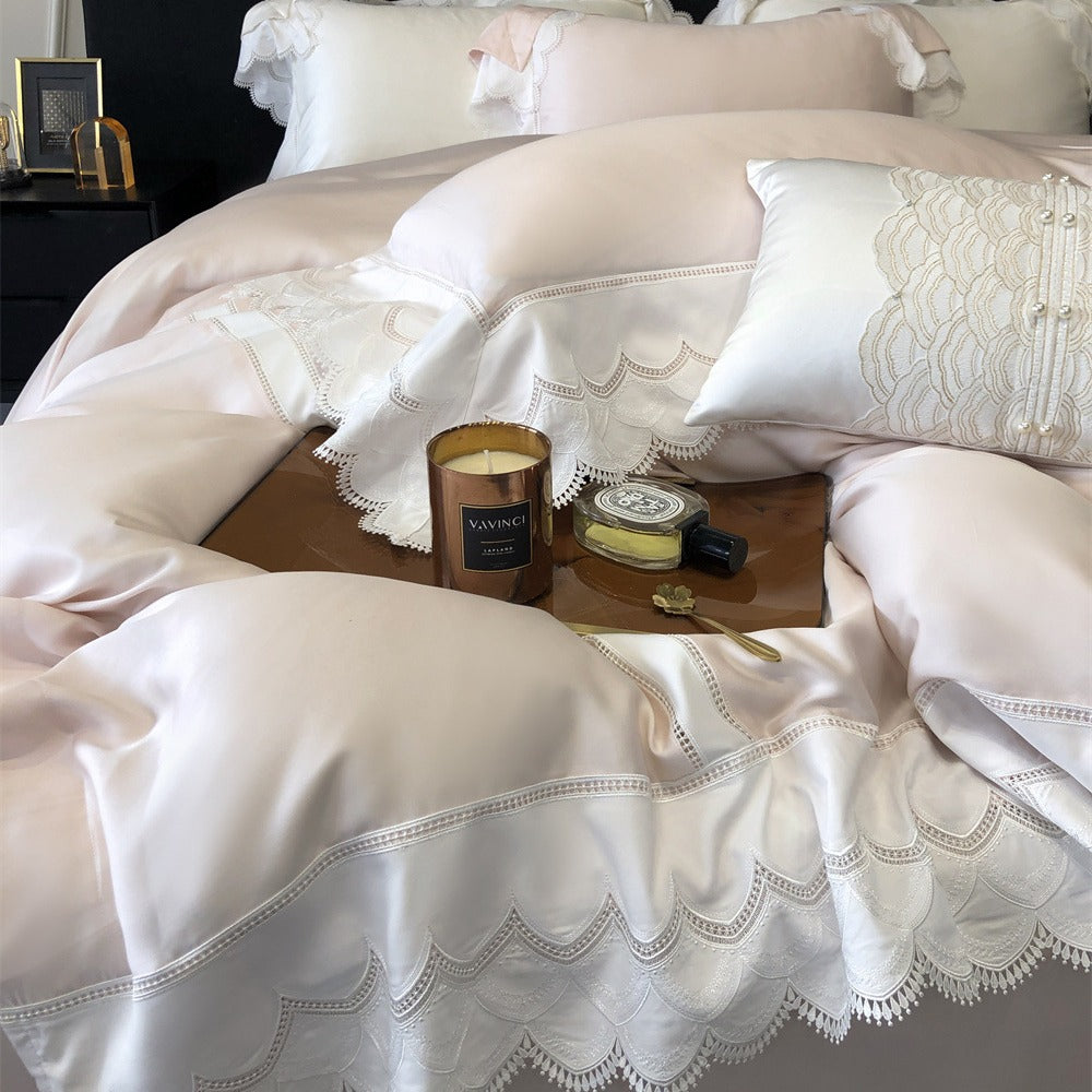 Luxurious satin bedding set with fine lace trim
