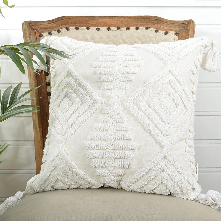 Square Boho pillow cover with hand-tufted diamond tufting, high-pile chenille relief, and corner tassels Stornfield