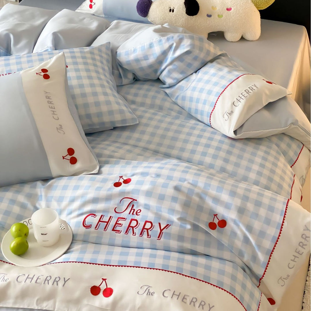 Pastel Gingham Cherry Embroidered Bedding Duvet Cover Set with Satin-Edge Pillow Shams
