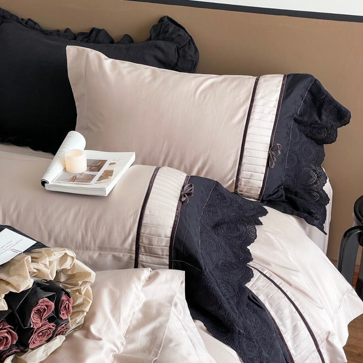 Embroidered Cotton Sateen Duvet Cover Set with Pleated Trim