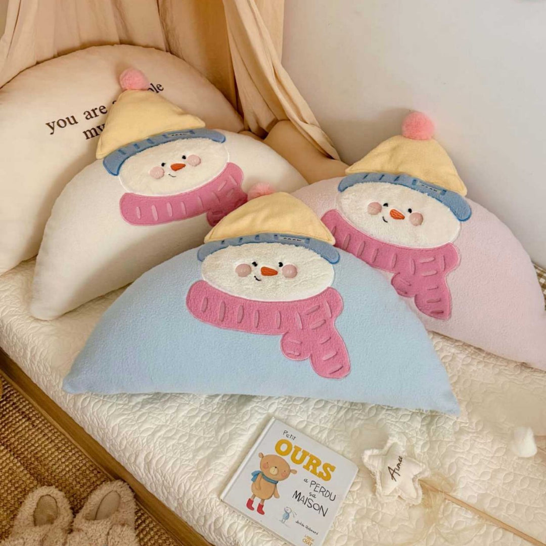 Plush Semi-Circle Decorative Throw Pillow with Snowman Appliqué and Pom-Pom Hat