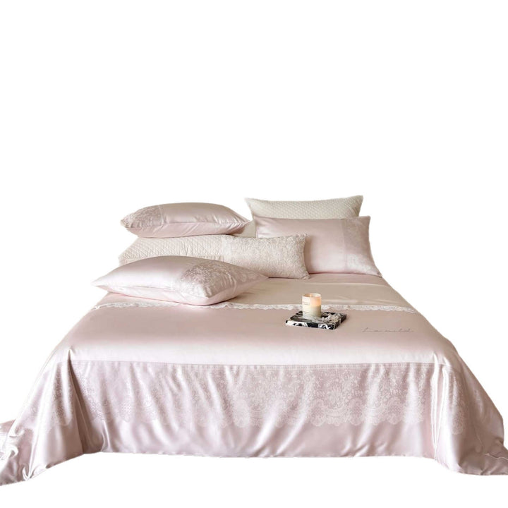 Luxury Jacquard Satin Bedspread and Duvet Cover Ensemble with Lace-Edge Skirt