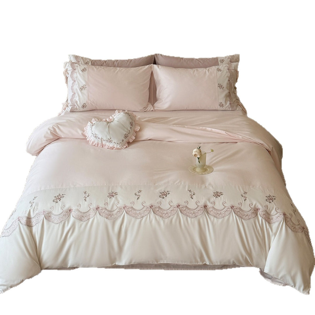Embroidered Ruffled Cotton Sateen Duvet Cover Set with Decorative Tie Pillow Shams and Heart Throw Pillow
