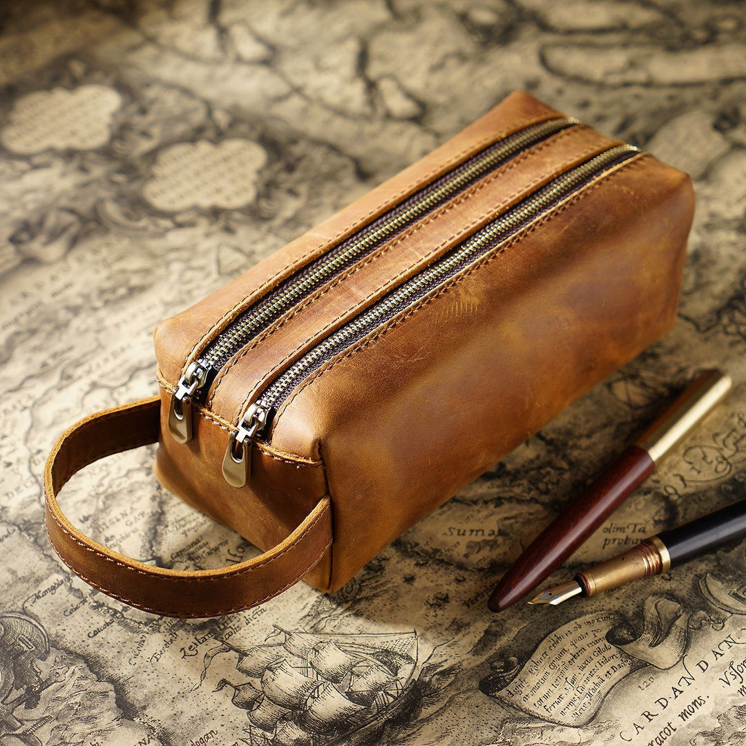 Dual-Zipper Leather Pencil Case
