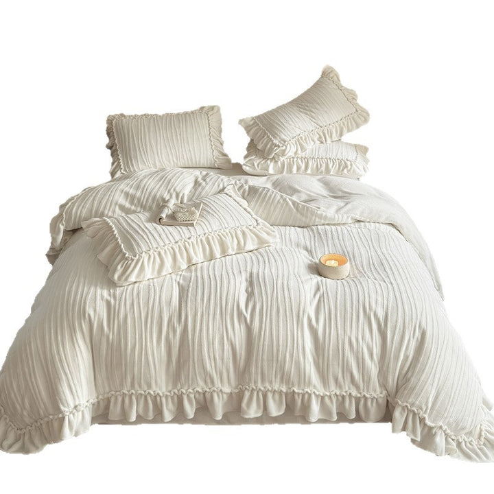 Ruffled Cotton Gauze Pin-Tuck Duvet Cover Set with Decorative Pillow Shams