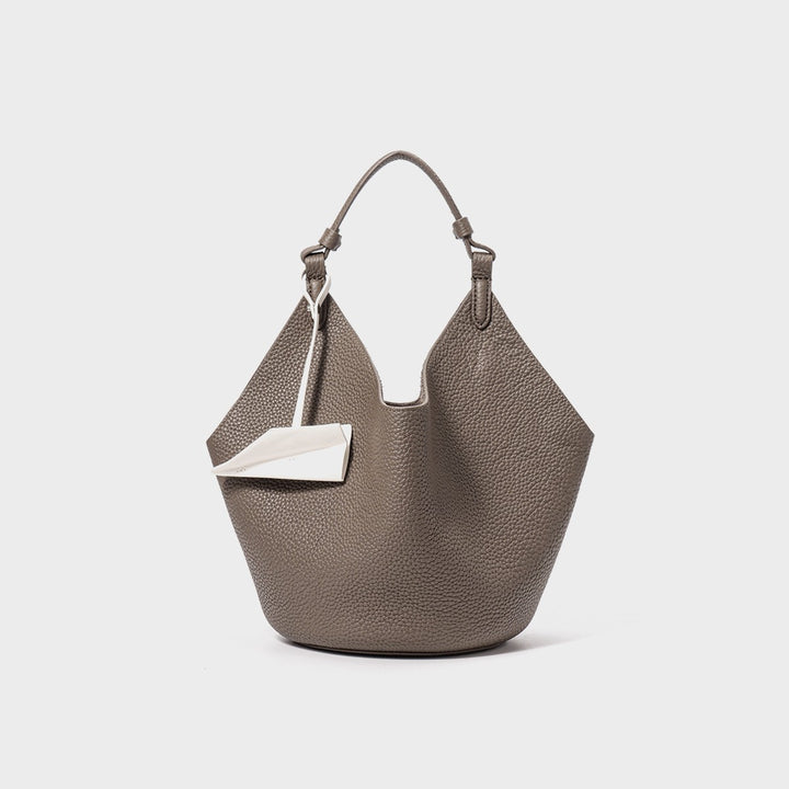 Slouchy Pebbled Leather Hobo Bucket Bag with Top Handle and Geometric Silhouette