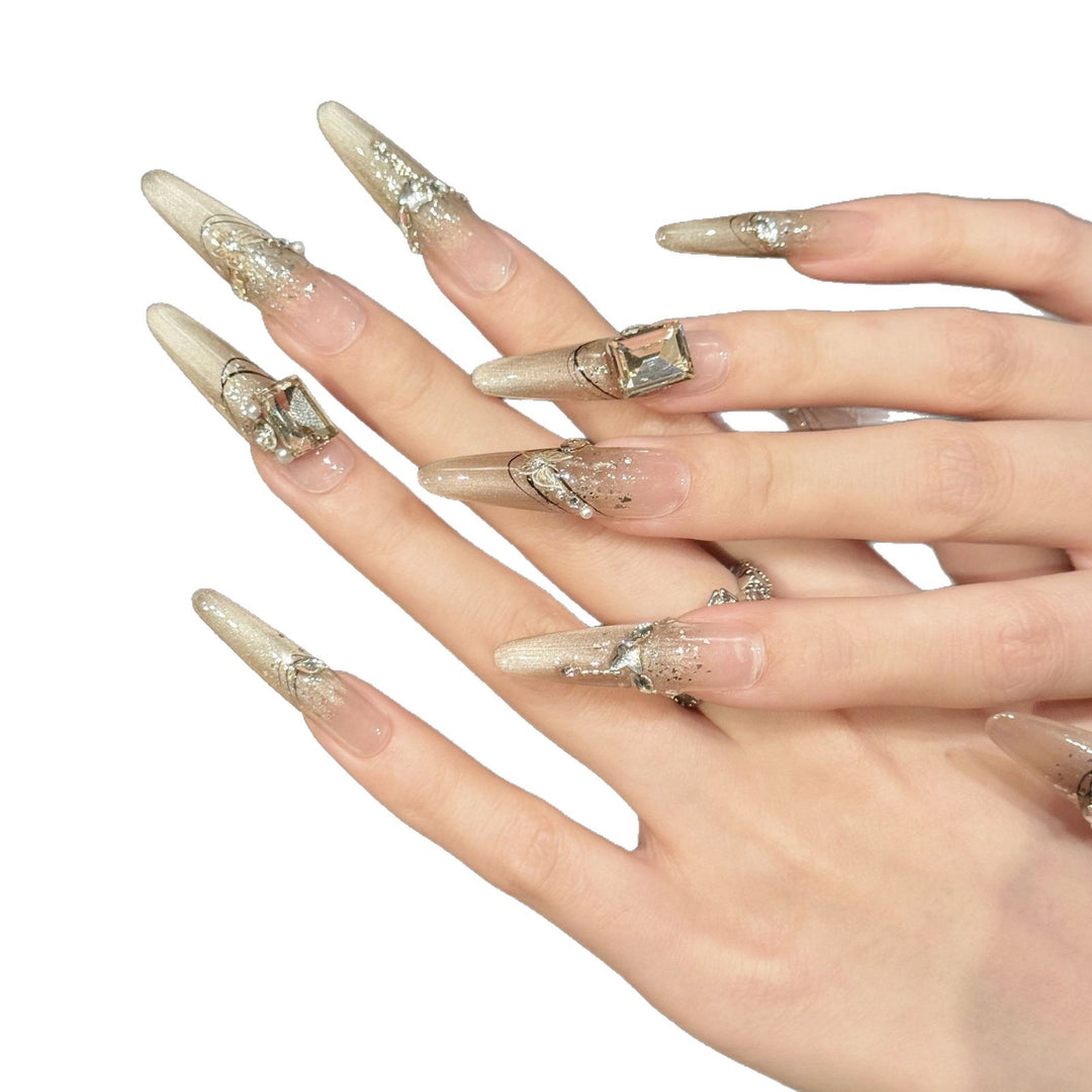 Elegant Almond-Shaped Press-On Nail Art Set with Rhinestone and Glitter Accents