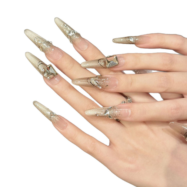 Elegant Almond-Shaped Press-On Nail Art Set with Rhinestone and Glitter Accents