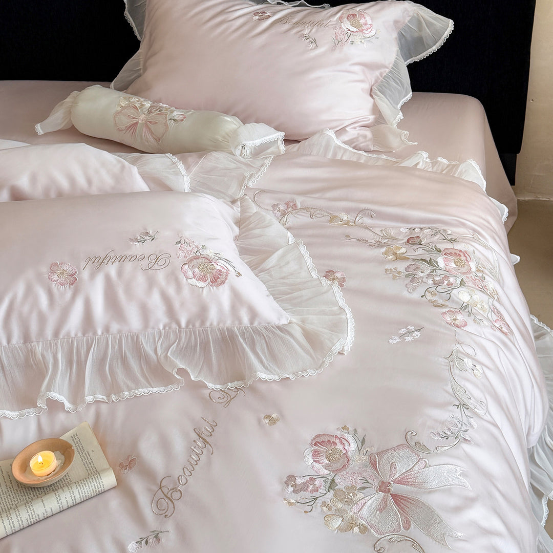 Luxury Floral-Embroidered Satin-Blend Duvet Cover Ensemble with Ruffled Sheer Skirt