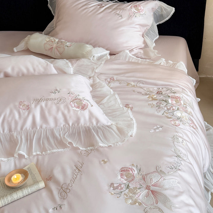 Luxury Floral-Embroidered Satin-Blend Duvet Cover Ensemble with Ruffled Sheer Skirt