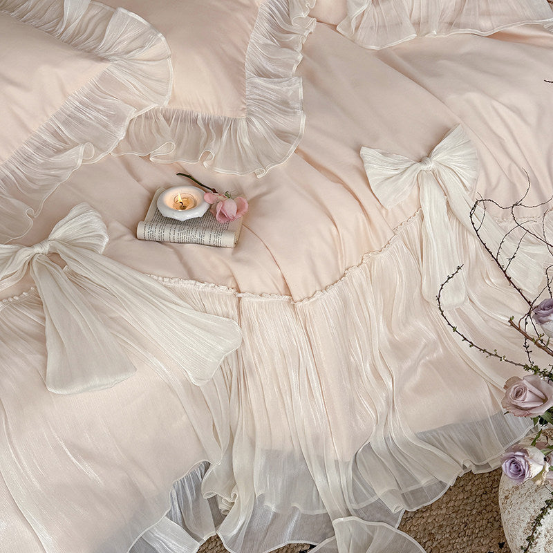 Romantic Ruffled Pleated Duvet Cover Ensemble with Bow-Tie Skirt & Oxford Shams