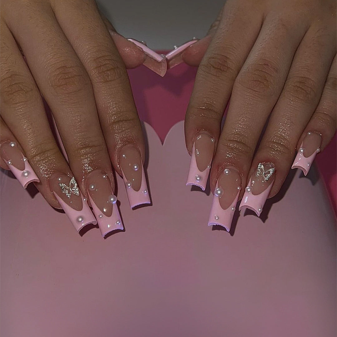 Acrylic nail set with stylish 3D pearl and glitter decorations Stornfield