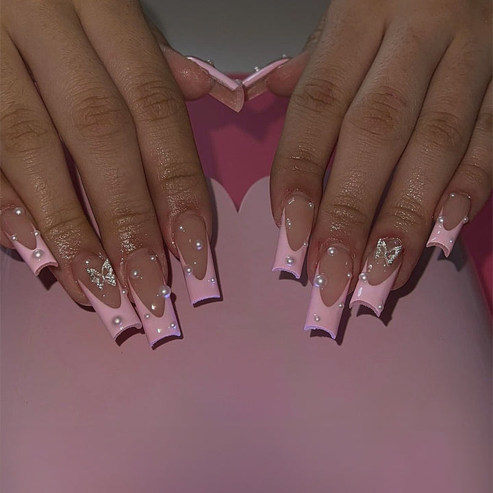 Acrylic nail set with stylish 3D pearl and glitter decorations Stornfield