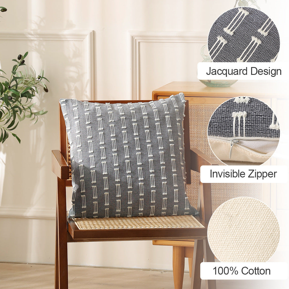 Woven rectangular decorative cushion cover with embroidered geometric pattern