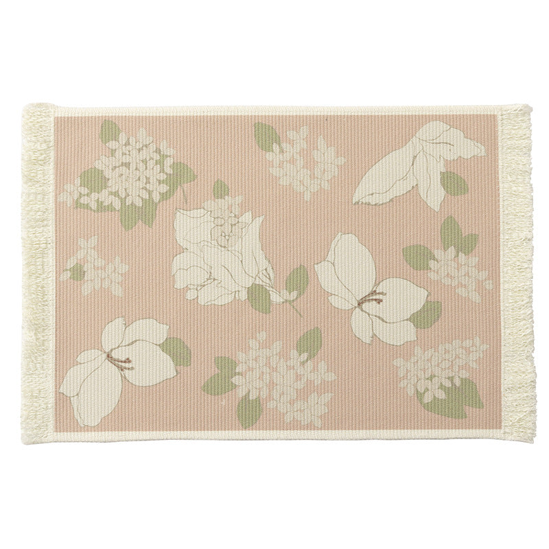 Woven table placemat made of cotton blend with olive branch print and decorative fringe edge