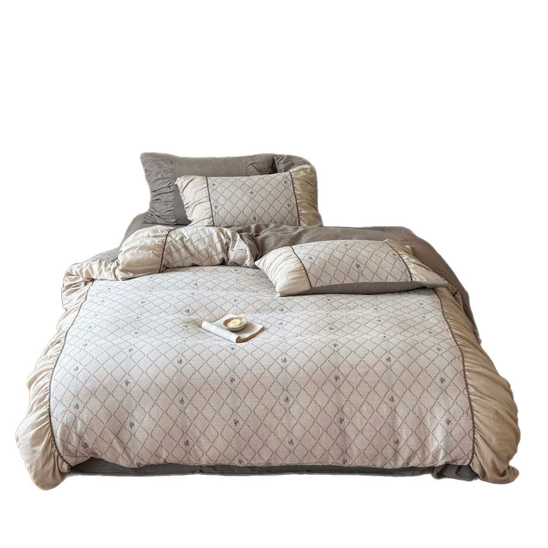 Quilted Cotton Duvet Cover Set with Decorative Pillow Shams and Ruffled Edge
