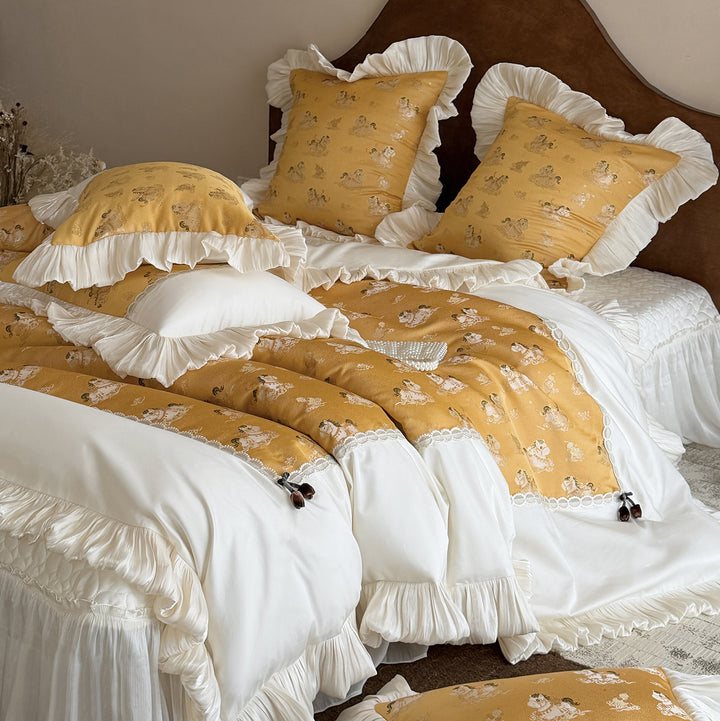 Ruffled Satin-Trim Quilted Duvet Cover Set with Lace Insets