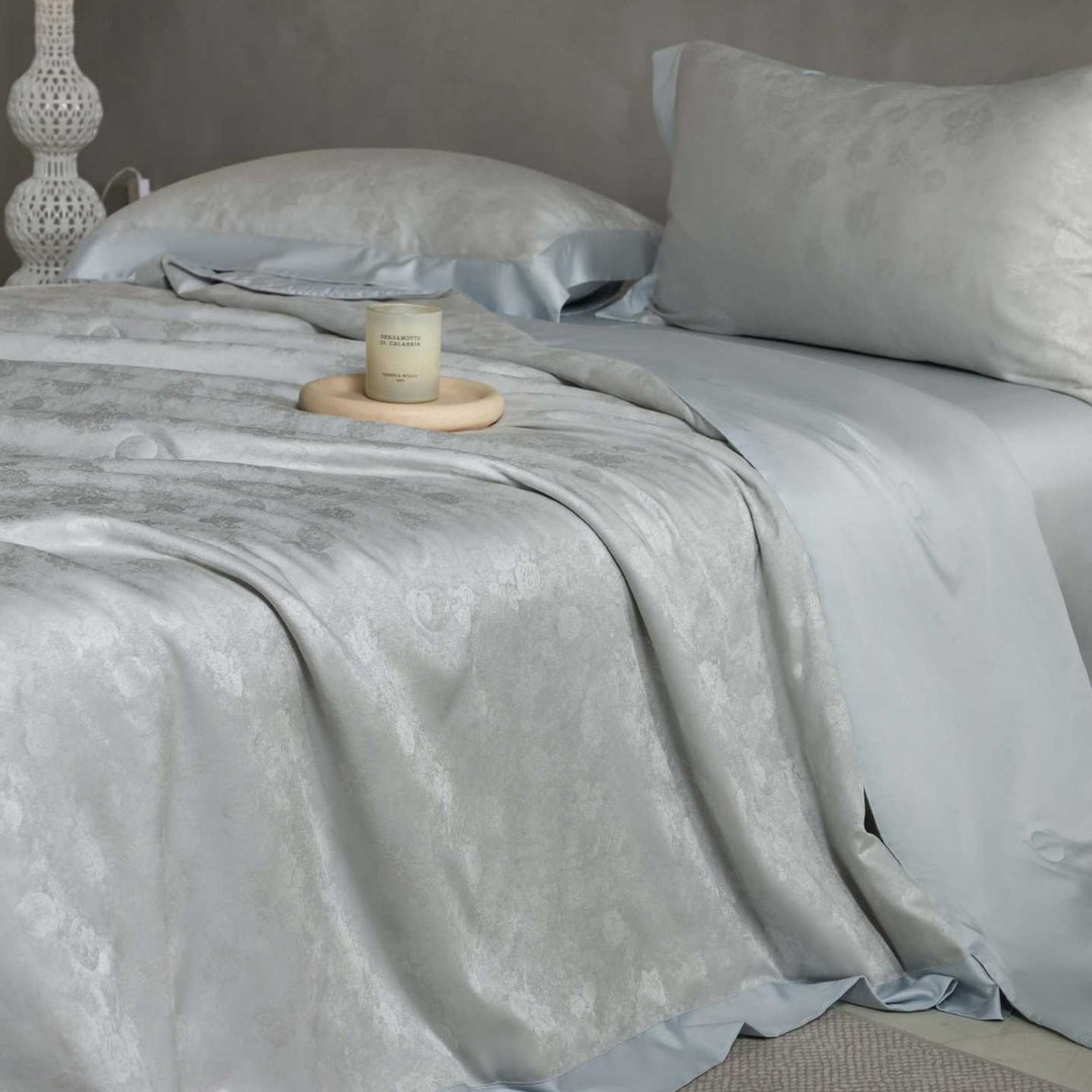 Premium cotton satin bedding set with fine toile pattern and hem decoration