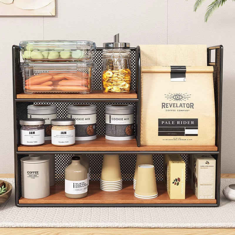 Metal Mesh Countertop Pantry Organizer with Multi-Tier Shelves and Vertical Bag Compartment