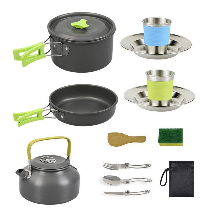 lightweight hard-anodized camping cookware set with folding handles compact kettle and stainless cup plates Stornfield