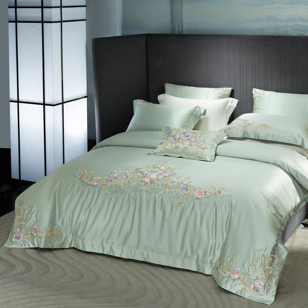 Silk-Look Botanical Embroidered Duvet Cover Ensemble with Decorative Pillow and Euro Shams