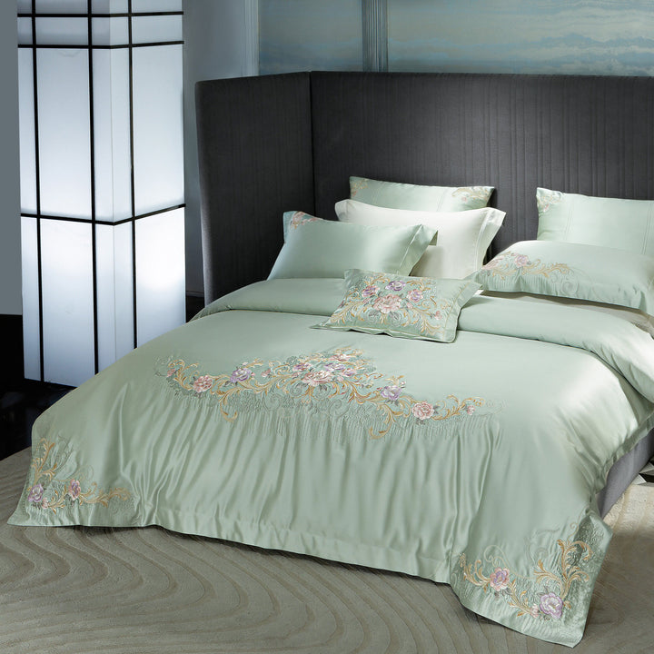 Silk-Look Botanical Embroidered Duvet Cover Ensemble with Decorative Pillow and Euro Shams
