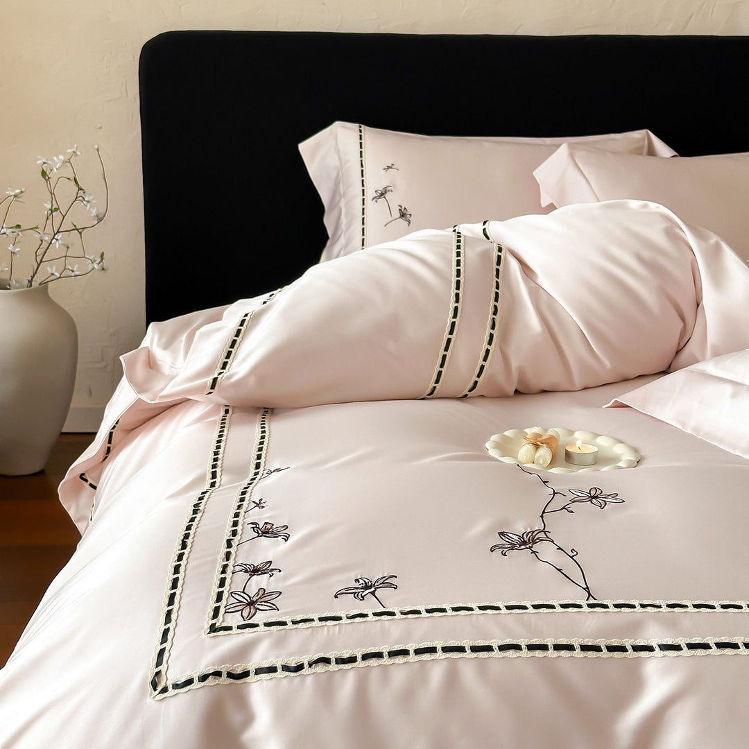 Embroidered Luxury Satin Duvet Cover Set with Decorative Pillow Shams