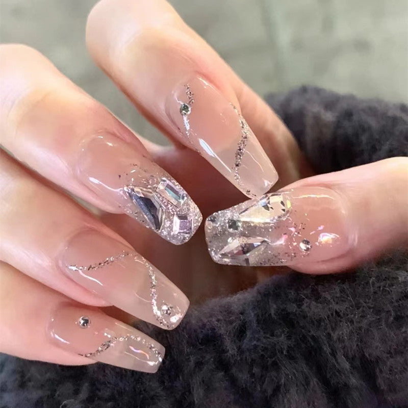 Premium Long Coffin Press-On Nails with Rhinestone Accents