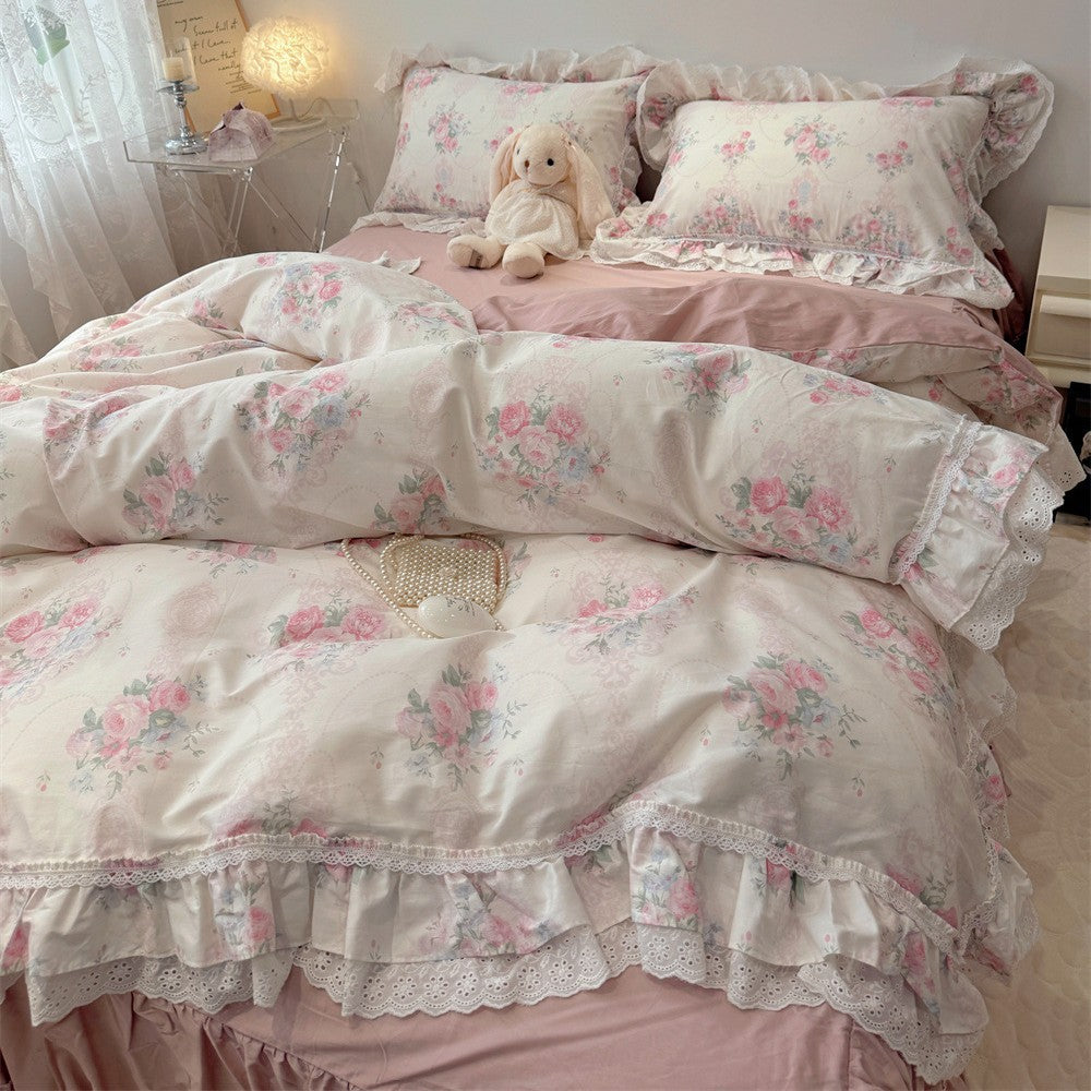 Ruffled Floral Lace-Trim Duvet Cover Set with Pillow Shams