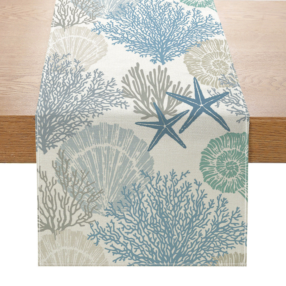 Coastal Watercolor Octopus & Sea Life Cotton-Linen Table Runner
