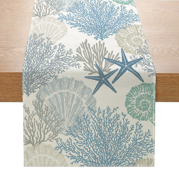 Coastal Watercolor Octopus & Sea Life Cotton-Linen Table Runner