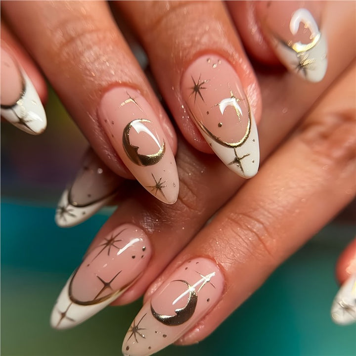 Artistic Stiletto Press-On Nail Design with Gold Accents Stornfield