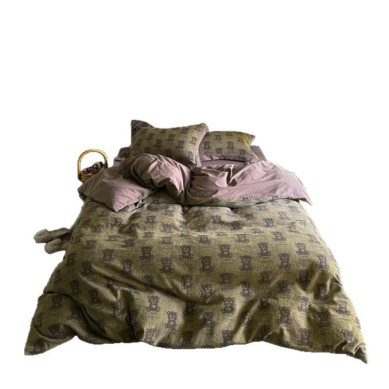 Teddy-Motif Washed Cotton Percale Duvet Cover Ensemble