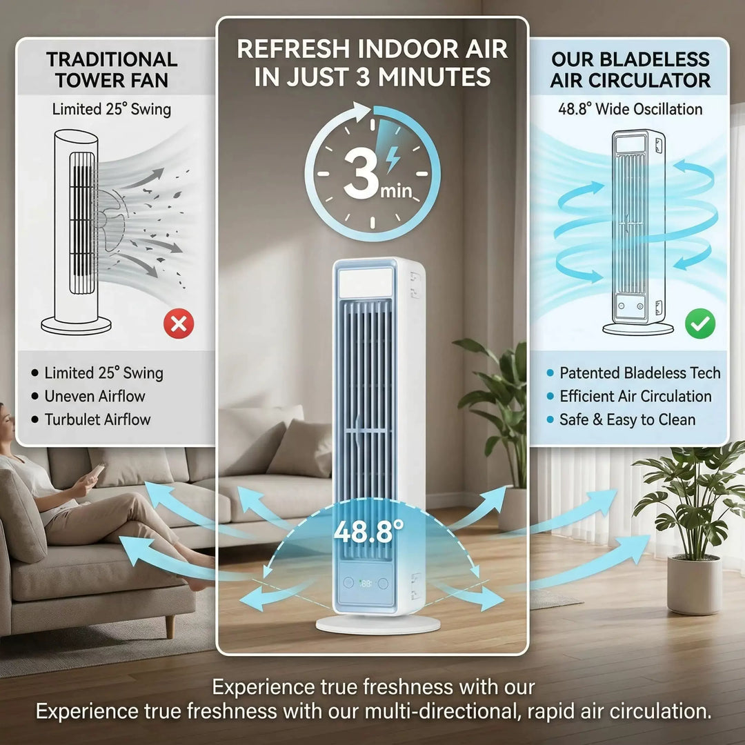 Unisex one size slim vertical personal air circulator with remote control adjustable louvers whisper-quiet DC motor Stornfield