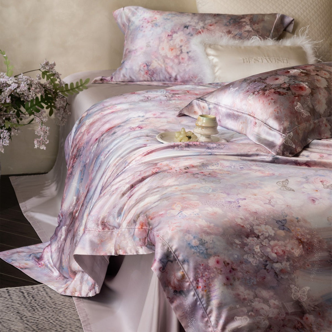 Botanical Watercolor Satin-Feel Duvet Cover Set with Piped Hem & Envelope Shams